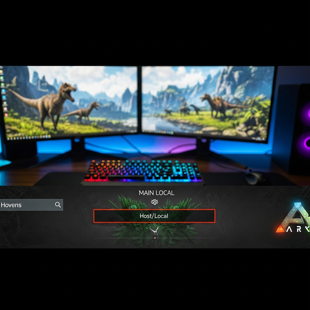 Photorealistic screenshot of ARK Survival Evolved main menu showing the 'Host/Local' option highlighted, with a modern gaming setup visible in the background including RGB keyboard and dual monitors displaying dinosaur-filled landscapes