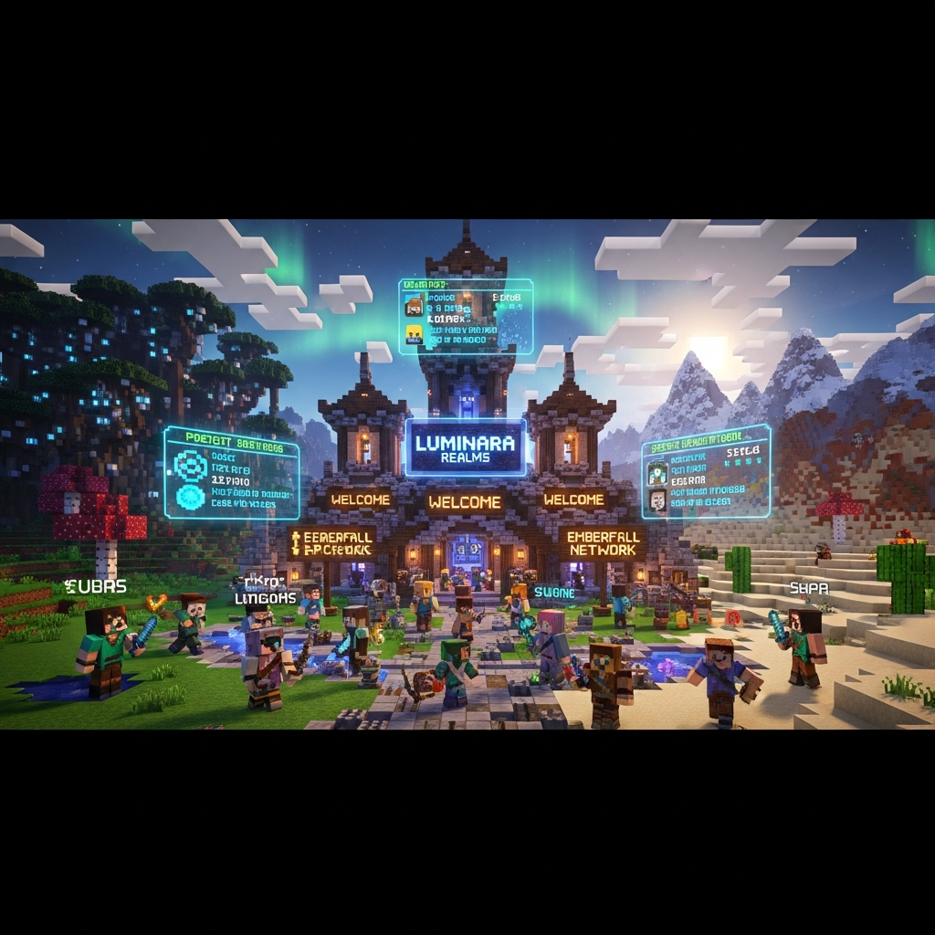 Photorealistic screenshot of a Minecraft multiplayer server lobby with custom builds, multiple player characters in various skins interacting, detailed spawn area with welcome signs, holographic server information displays, and diverse biomes visible in the background under dynamic lighting and shaders