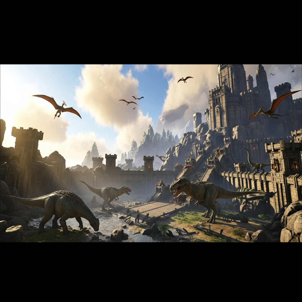 Photorealistic view of a massive ARK Survival Ascended base with towering stone structures, tamed dinosaurs, and vibrant Unreal Engine 5 lighting effects under a dynamic sky, representing the game's demanding visual fidelity and multiplayer complexity