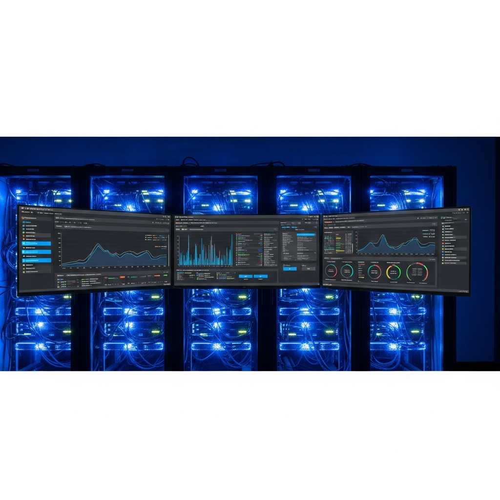 Professional data center server rack with glowing blue lights running Minecraft server software, showing plugin management dashboard on multiple monitors with performance graphs and player activity statistics