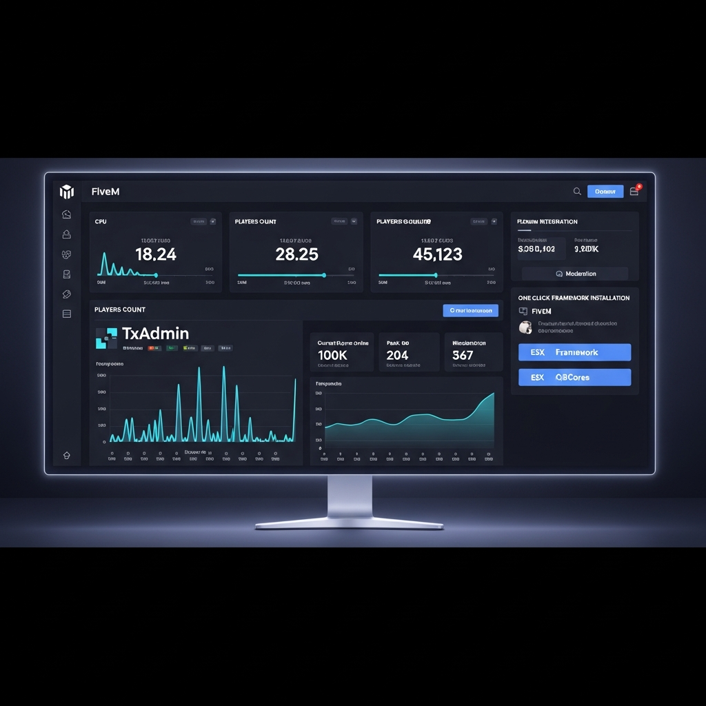 Professional server control panel interface displaying FiveM server dashboard with resource usage graphs, player count metrics, txAdmin integration, and one-click framework installation buttons in modern dark theme UI
