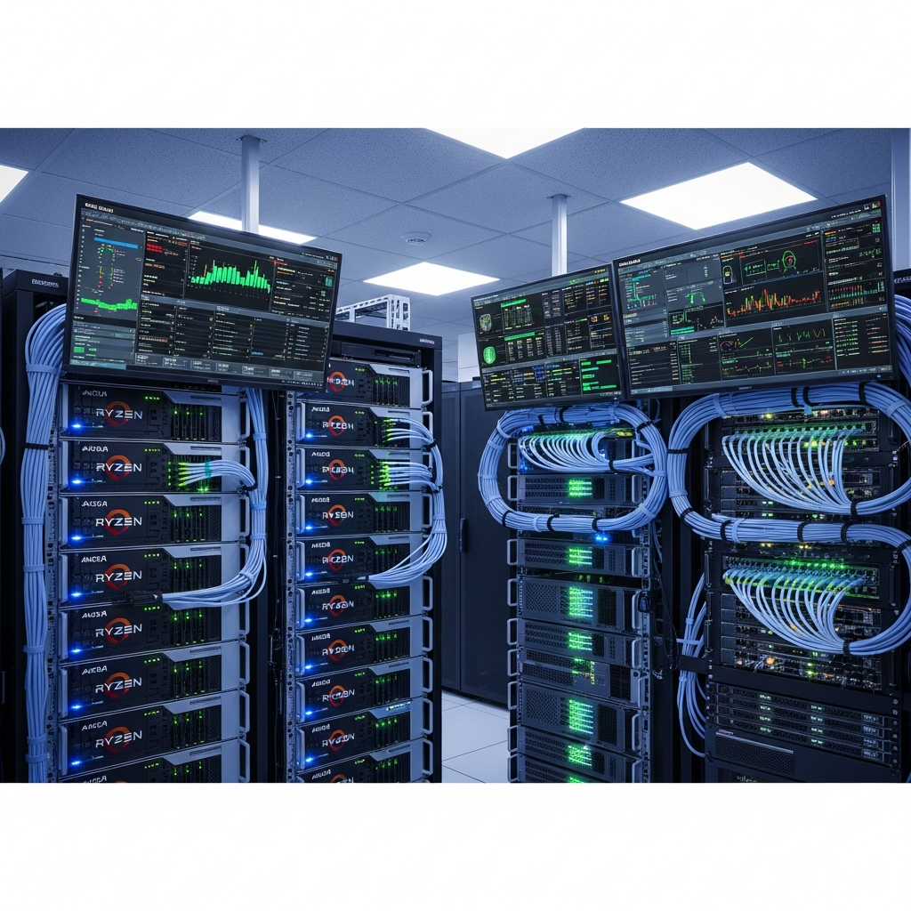 Professional server room environment with modern rack-mounted servers featuring AMD Ryzen processors, glowing LED indicators, organized cable management, multiple monitors displaying server performance metrics, NVMe SSD arrays, and network equipment with fiber optic connections, clean and well-lit data center atmosphere