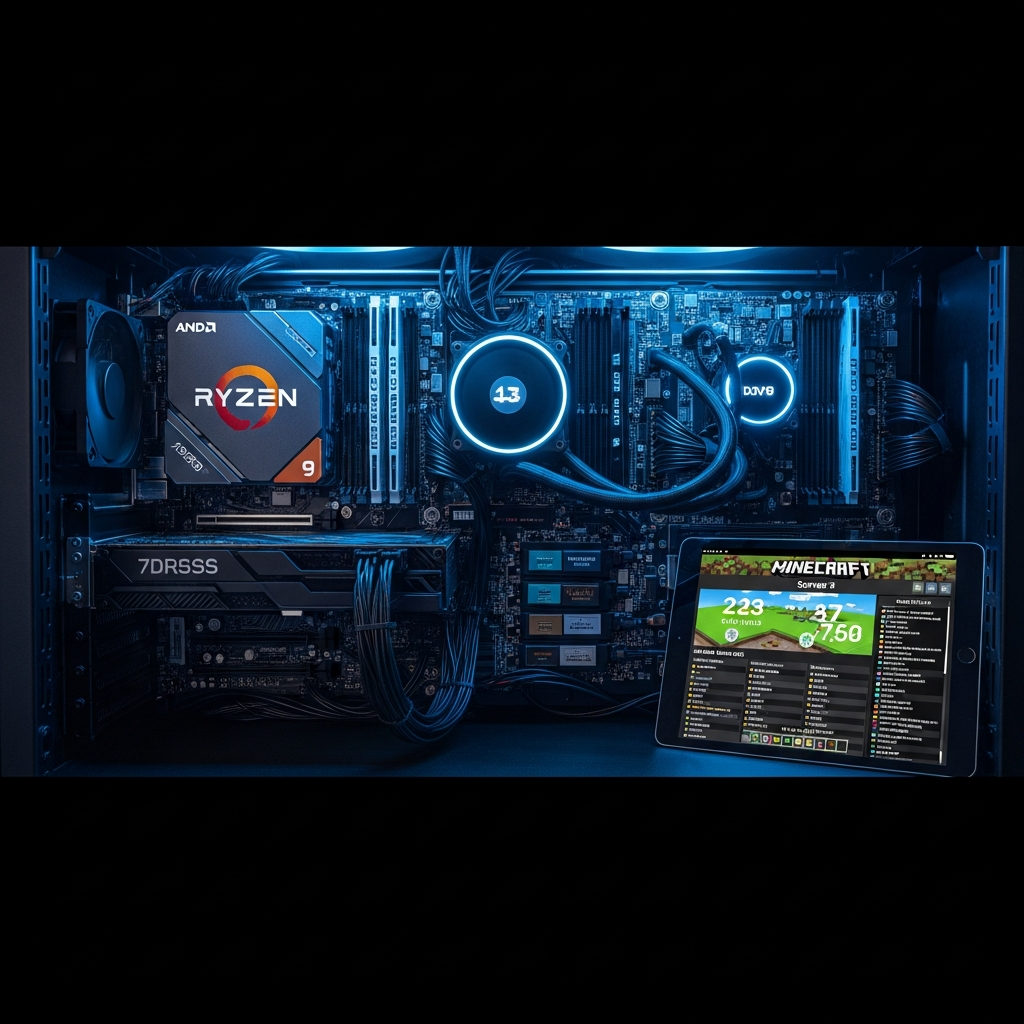 Professionelle Studiofotografie eines Hochleistungs-Serverracks mit AMD Ryzen 9 7950X3D-Prozessoren, DDR5 RAM-Modulen und NVMe SSDs, dramatische Beleuchtung mit blauen LED-Akzenten, im Vordergrund ein Tablet mit Minecraft-Server-Statistiken und Mod-Liste