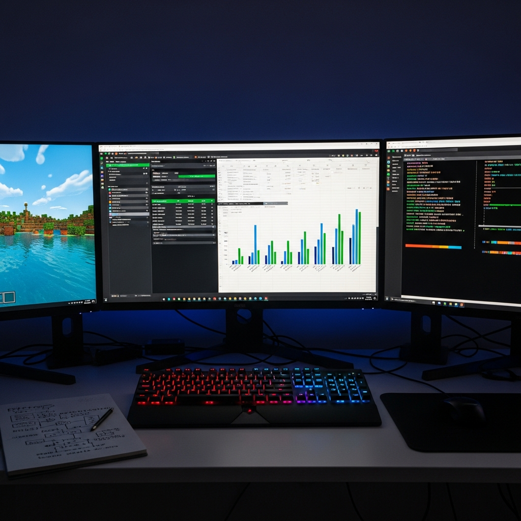Professioneller Arbeitsplatz eines Server-Administrators mit drei Curved-Monitoren, linker Bildschirm zeigt Minecraft-Gameplay mit Shaders, mittlerer Monitor zeigt detaillierte Kostenanalyse-Tabelle in Excel mit Balkendiagrammen, rechter Monitor zeigt Linux-Terminal mit htop-Prozessübersicht, mechanische RGB-Tastatur, Notizblock mit handgeschriebenen Server-Konfigurationen