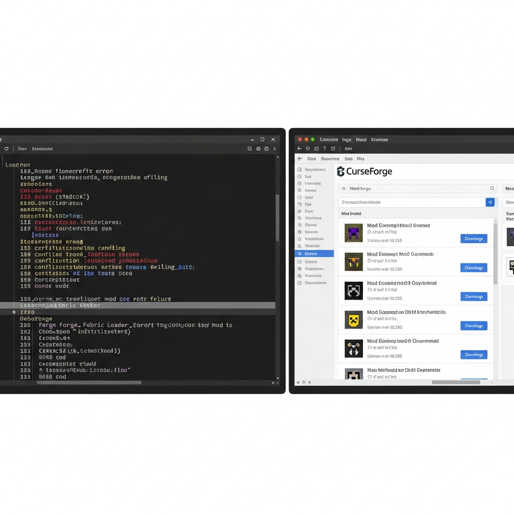 Professioneller Screenshot einer Minecraft-Server-Log-Datei in einem Code-Editor, gut lesbare Fehlerausgaben mit farblich markierten Mod-Konflikten, Debug-Informationen zu Forge/Fabric-Loader, Split-Screen mit daneben geöffnetem CurseForge-Mod-Browser, technisch und hochauflösend