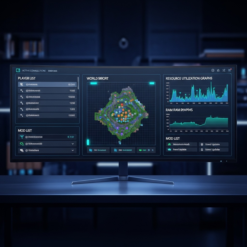Professionelles Minecraft-Server-Dashboard mit Live-Statistiken, zeigt Spielerliste mit aktiven Verbindungen, Weltkarte mit Player-Positionen, Ressourcen-Auslastungs-Diagramme für CPU und RAM, Mod-Liste mit Update-Status, modernes Gaming-Interface mit Neon-Akzenten