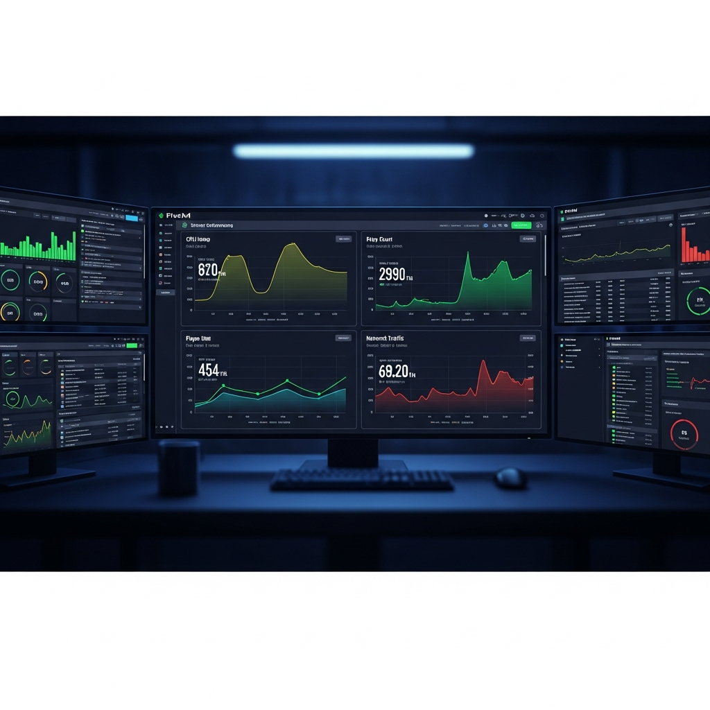 Professionelles Server-Monitoring-Dashboard mit Echtzeit-Grafiken zu CPU-Auslastung, RAM-Nutzung, Spieleranzahl und Netzwerk-Traffic eines FiveM-Servers, moderne Analytics-Oberfläche mit farbcodierten Performance-Indikatoren auf mehreren Bildschirmen