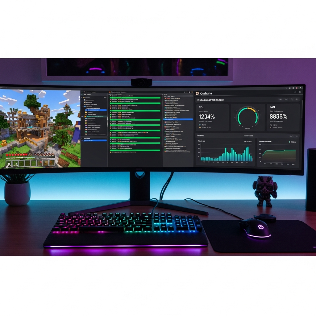 Professionelles Setup eines Gaming-Administrators, Ultrawide-Monitor zeigt gleichzeitig Minecraft-Gameplay, Server-Konsole mit farbcodierten Logs und ein Grafana-Dashboard mit Echtzeit-Performance-Metriken (CPU, RAM, TPS, Spieleranzahl), moderne RGB-beleuchtete Tastatur im Vordergrund