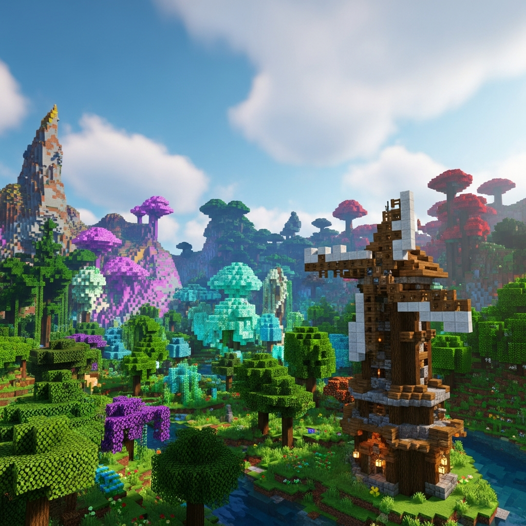 Render 3D fotorrealista de un mundo Minecraft con biomas exóticos de Biomes O' Plenty, con un molino del mod Create en primer plano, cielo azul con nubes volumétricas, iluminación dinámica tipo ray-tracing, vegetación densa, texturas realistas, composición cinematográfica
