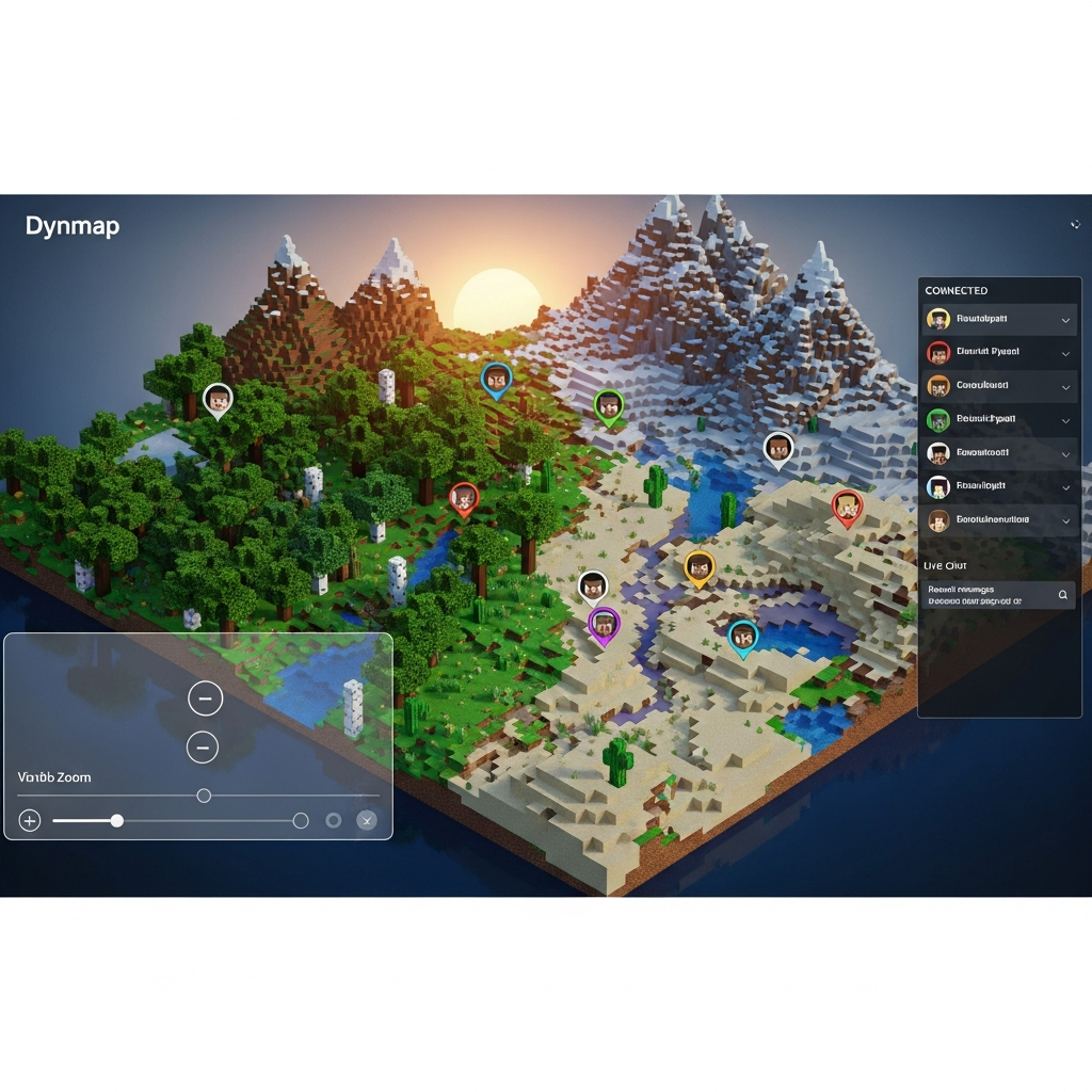 Renderizado fotorrealista de una interfaz web de Dynmap mostrando un mapa isométrico de Minecraft con biomas variados (bosque, desierto, montañas nevadas), marcadores de jugadores conectados representados por iconos de cabezas de Minecraft, panel lateral derecho con lista de jugadores y chat en vivo, estilo moderno con fondo oscuro y controles de zoom visibles