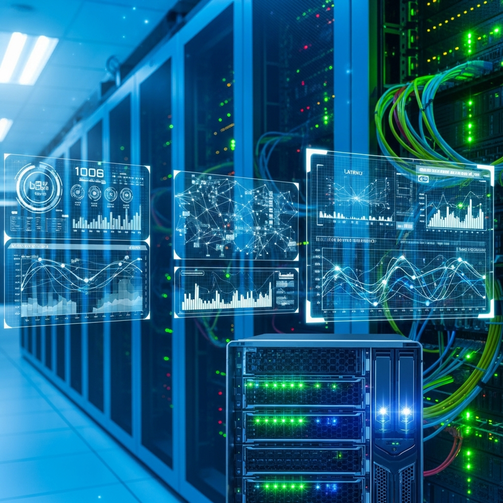 Sala de servidores datacenter moderno con racks iluminados en azul y verde, primer plano de servidor blade con luces LED parpadeantes indicando actividad, cables de red organizados, ambiente limpio y profesional, hologramas flotantes mostrando métricas de rendimiento y gráficos de latencia en tiempo real