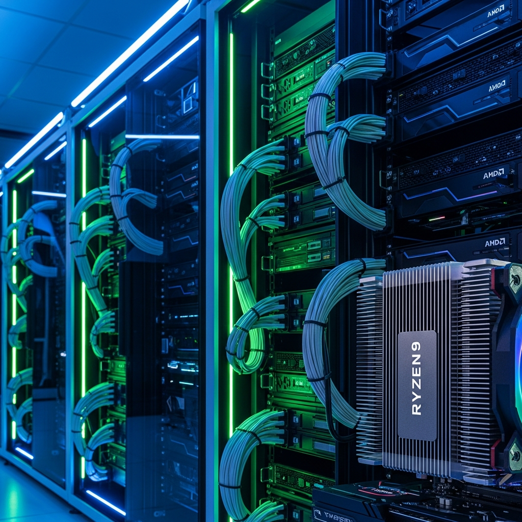 Sala de servidores moderna con racks de hardware gaming, luces LED azules y verdes, cables organizados, primer plano de un procesador AMD Ryzen 9 con disipador de alto rendimiento, ambiente tecnológico futurista y profesional en alta calidad fotorrealista