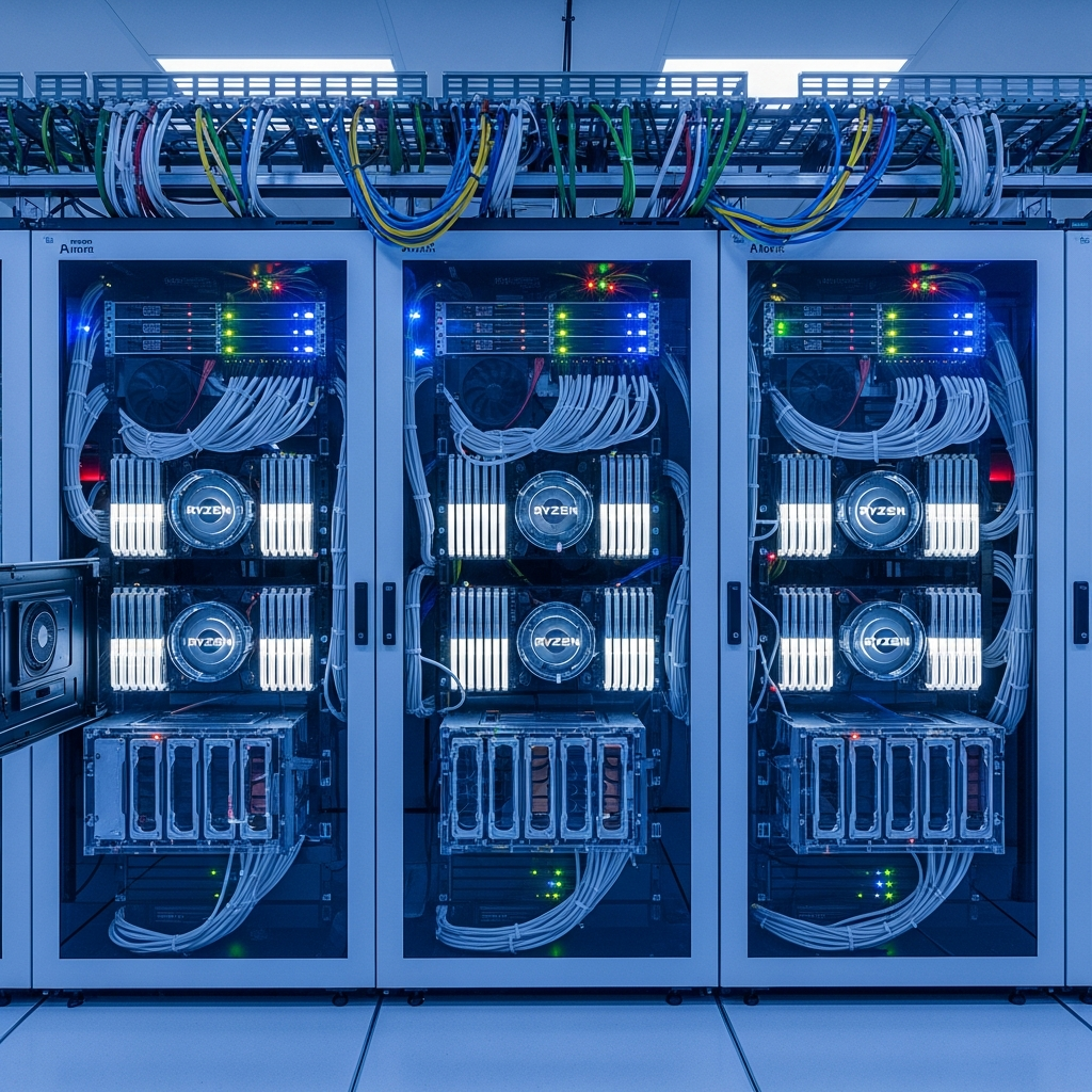 Sala de servidores moderna con racks iluminados en azul, procesadores AMD Ryzen 9 7950X3D con disipadores de alto rendimiento y módulos de RAM DDR5 ECC brillantes, ambiente tecnológico profesional con cables organizados y luces LED indicadoras