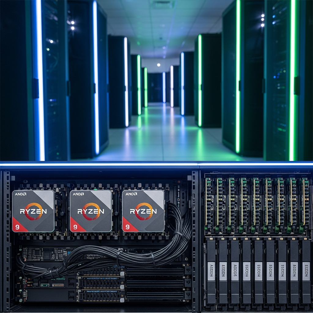 Sala de servidores moderna con racks iluminados en azul y verde, mostrando procesadores AMD Ryzen 9 7950X3D en primer plano, módulos RAM DDR5 y discos NVMe instalados en servidores blade de alta densidad