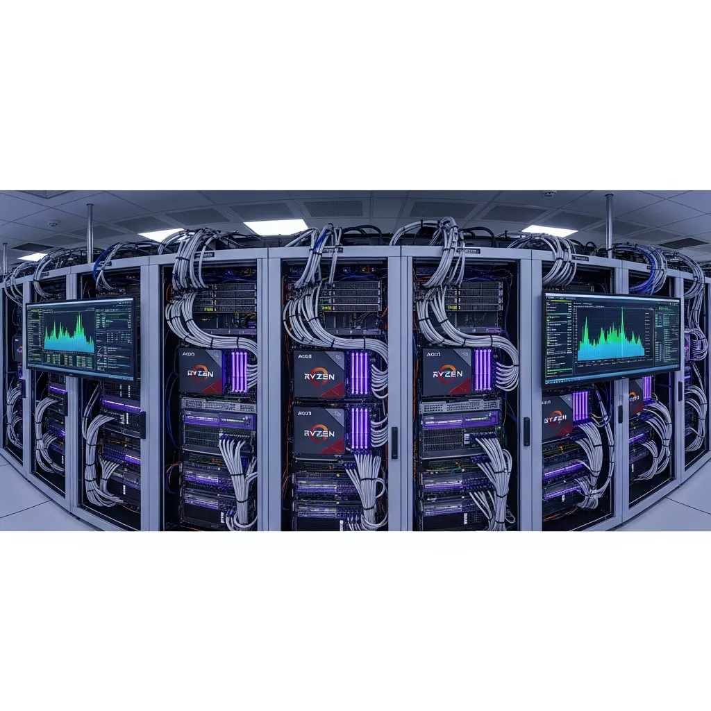 Salle de serveurs moderne avec racks équipés de processeurs AMD Ryzen 9 et barrettes RAM DDR5 ECC illuminées en violet, câbles réseau organisés et écrans affichant des métriques de performance en temps réel