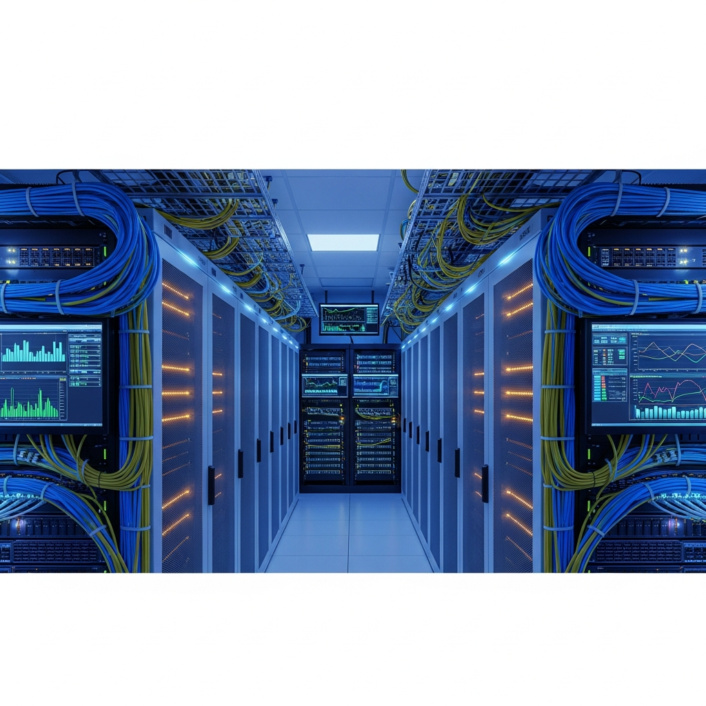 Salle de serveurs professionnelle avec rangées de racks illuminées, câbles réseau fibre optique bleus et jaunes organisés, écrans de monitoring affichant des graphiques de trafic en temps réel, ambiance high-tech