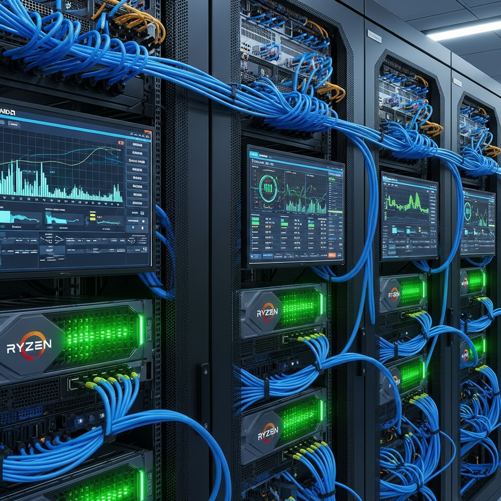 Salle serveur moderne avec racks contenant des serveurs AMD Ryzen 9 7950X3D, câbles réseau bleus soigneusement organisés, LEDs de statut verts indiquant un fonctionnement optimal, écrans de monitoring affichant des métriques de performance en temps réel, reflets métalliques sur les châssis