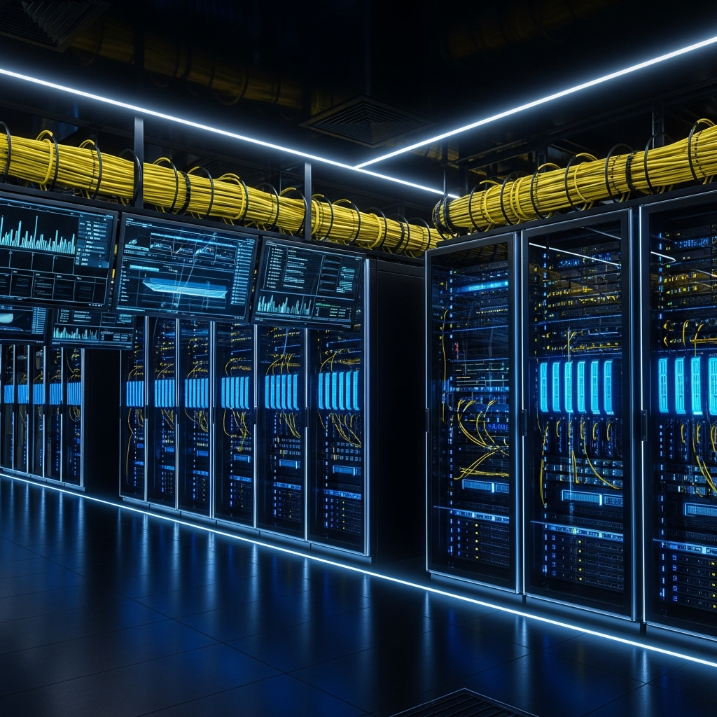 Salle serveur moderne avec racks de serveurs blade illuminés en bleu, câbles réseau jaunes soigneusement rangés, écrans affichant des métriques de surveillance réseau, ambiance high-tech avec éclairage LED subtil et finitions métalliques, rendu photoréaliste