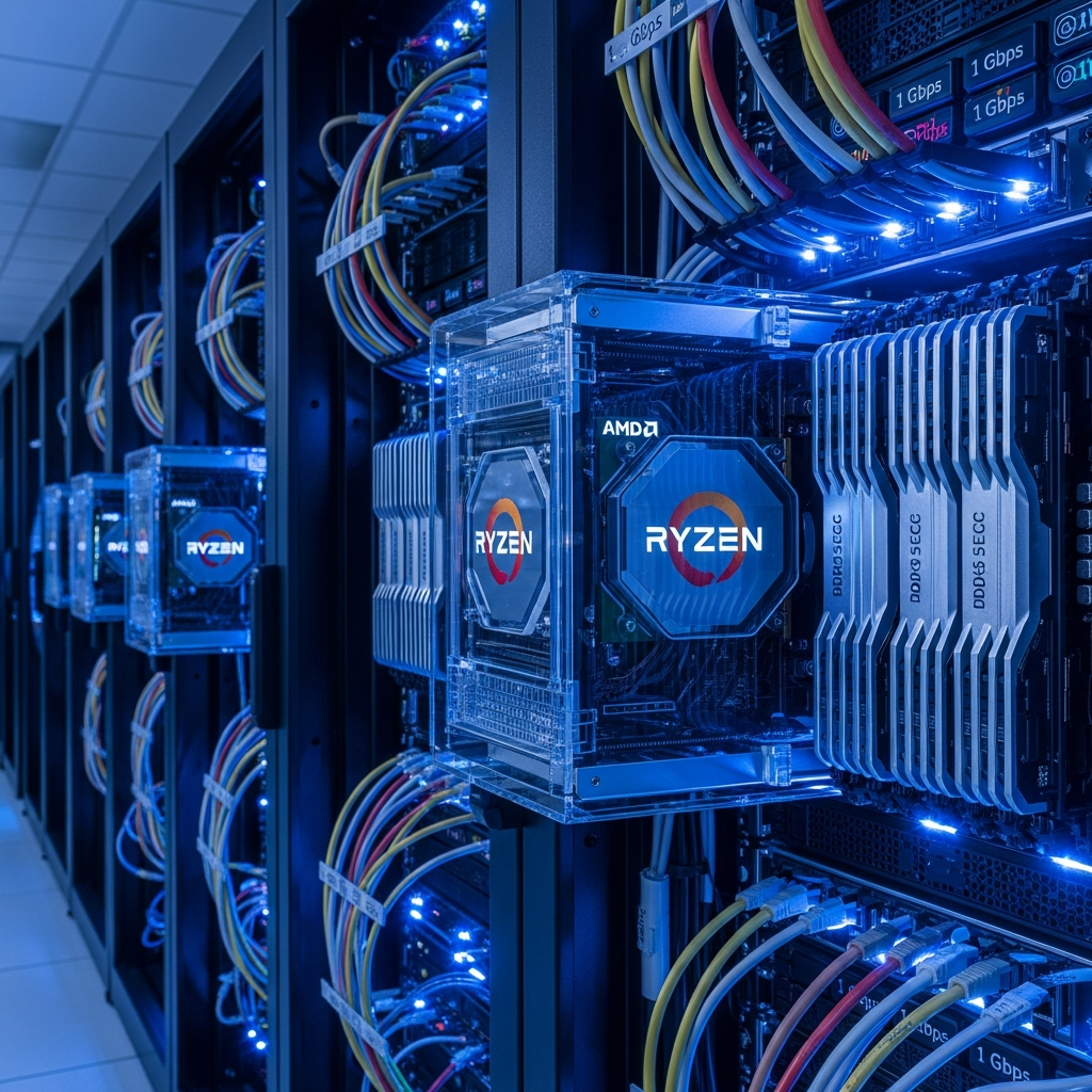 Salle serveur moderne avec racks illuminés en bleu, processeurs AMD Ryzen 9 7950X3D visibles dans des châssis transparents, barrettes RAM DDR5 ECC avec dissipateurs thermiques argentés, câbles réseau 1 Gbps organisés, ambiance technique professionnelle photoréaliste