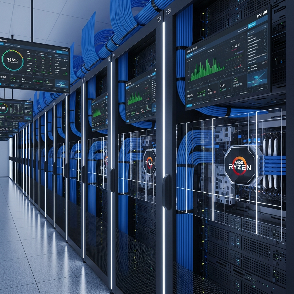 Salle serveur moderne avec rangées de racks d'hébergement, câbles réseau bleus et lumières LED blanches, processeurs AMD Ryzen visibles à travers des panneaux transparents, écrans affichant des métriques de performances FiveM en temps réel