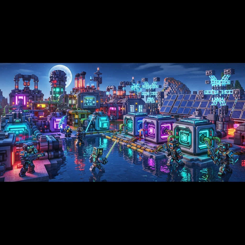 Scène de jeu photoréaliste dans Minecraft moddé montrant une base technologique futuriste avec machines industrielles, tuyaux colorés, panneaux solaires, générateurs électriques, éclairage néon, plusieurs joueurs en armures moddées, graphismes améliorés avec shaders