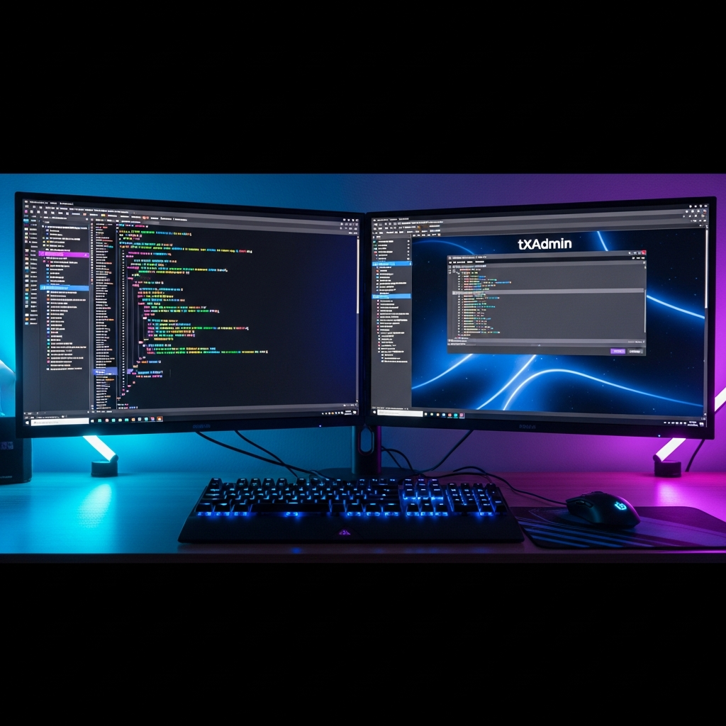 Scène photoréaliste d'un bureau de développeur moderne avec double écran affichant des lignes de code Lua et l'interface txAdmin de FiveM, clavier mécanique RGB, souris gaming, ambiance tamisée avec néons bleus et violets, reflets sur les écrans