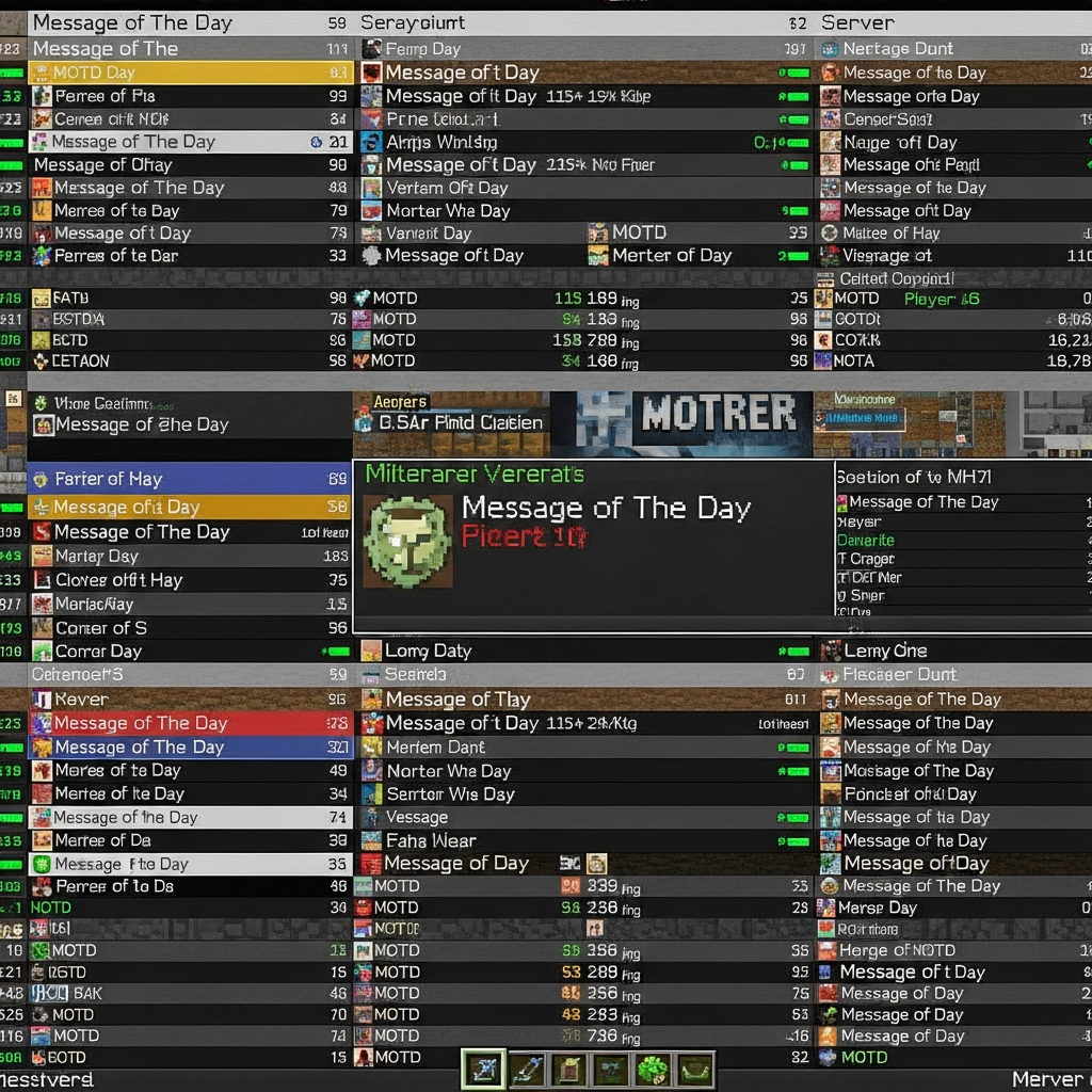 Screenshot einer Minecraft-Serverliste im Multiplayer-Menü, zeigt verschiedene Server mit Ping-Werten, Spielerzahlen und bunten MOTD-Bannern, symbolisiert die Vielfalt der verfügbaren Minecraft-Server