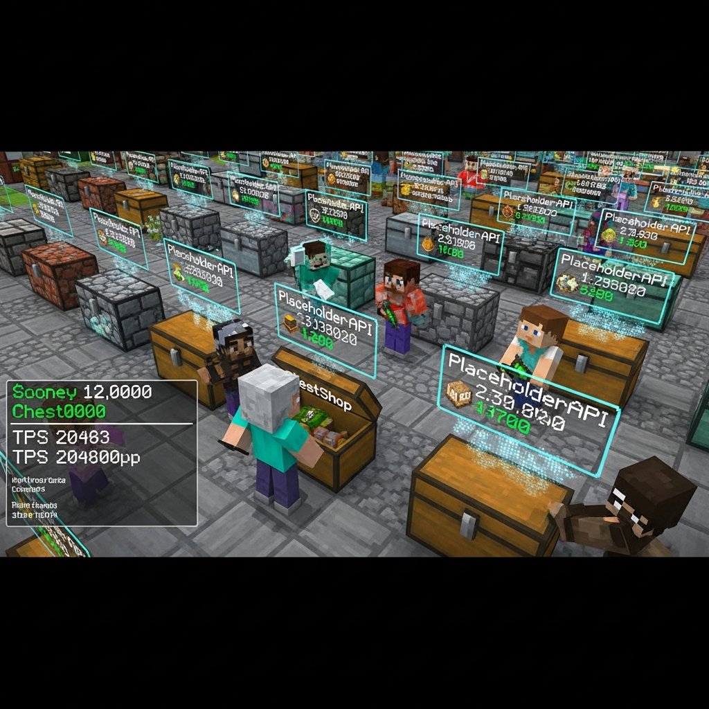 Servidor de Minecraft en primera persona mostrando un sistema de economía con tiendas de jugadores, holograms flotantes con precios de items usando PlaceholderAPI, jugadores comprando recursos en cofres protegidos con ChestShop, interfaz limpia con scoreboard lateral mostrando balance de dinero y TPS en tiempo real