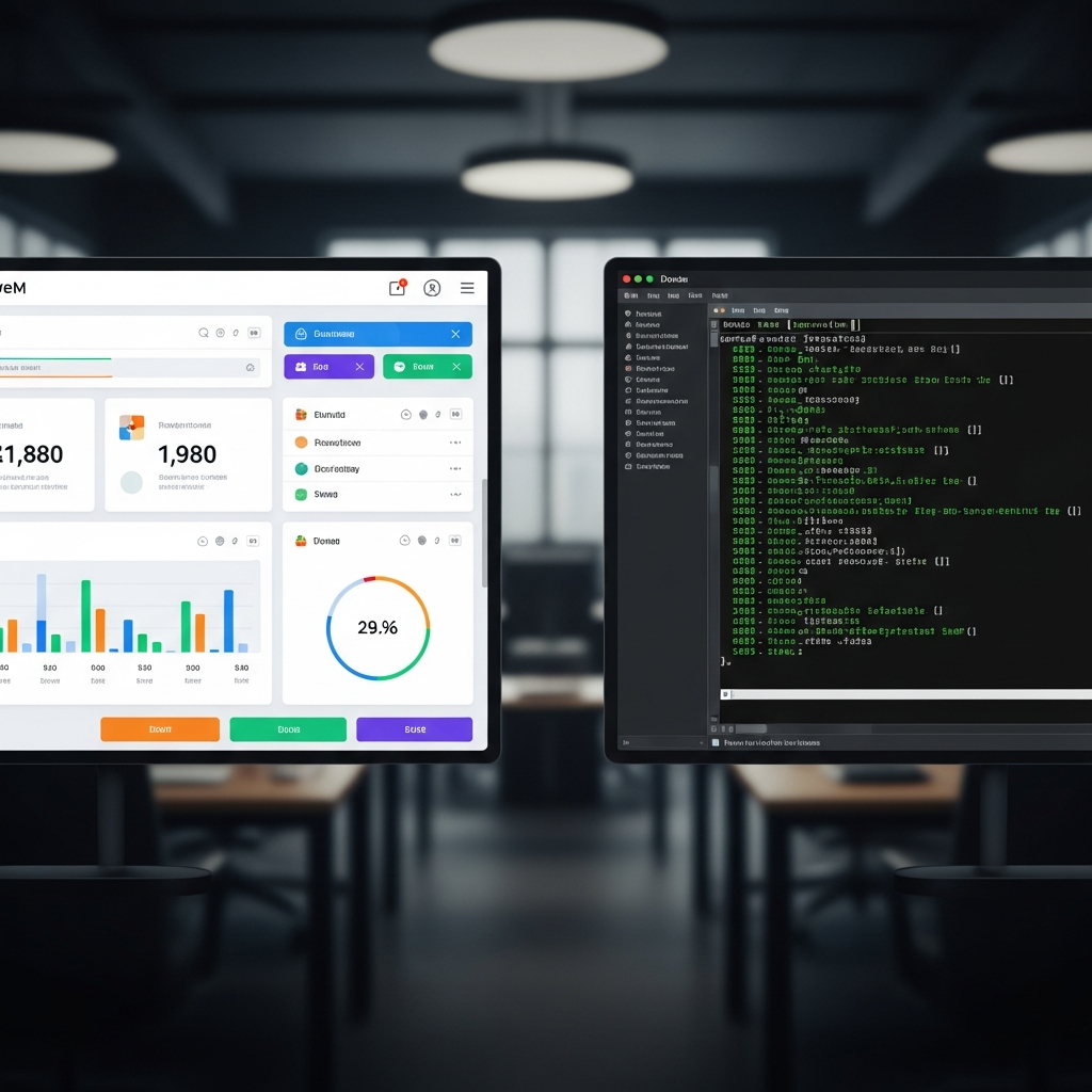 Split-Screen-Darstellung zweier Bildschirme nebeneinander: links ein modernes FiveM-Panel-Interface mit bunten Buttons, Statistiken und einfachem Design, rechts ein Terminal-Fenster mit Linux-Kommandozeile und grünem Code-Text auf schwarzem Hintergrund, beide Bildschirme vor einem unscharfen Büro-Hintergrund, fotorealistisch