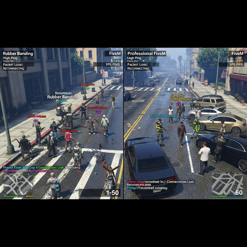 Split-screen comparison showing left side with laggy FiveM server on free hosting with players experiencing rubber-banding and disconnection messages, low FPS counter visible, versus right side showing smooth gameplay on professional hosting with high FPS, stable connection indicators, and organized roleplay scenario in progress, photorealistic GTA V graphics