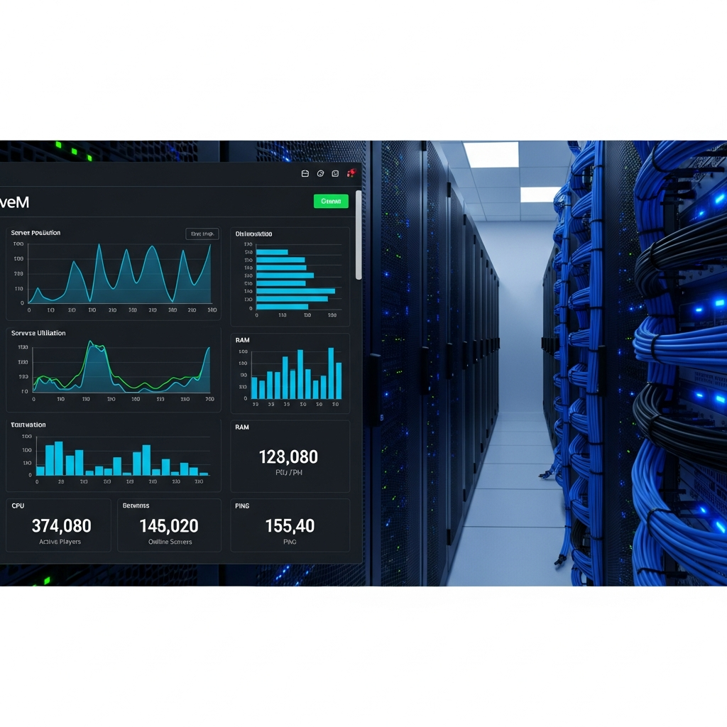 Split-screen photorealistic image showing left side with clean modern server management web panel displaying FiveM metrics and right side with data center server racks with blue LED indicators and cable management