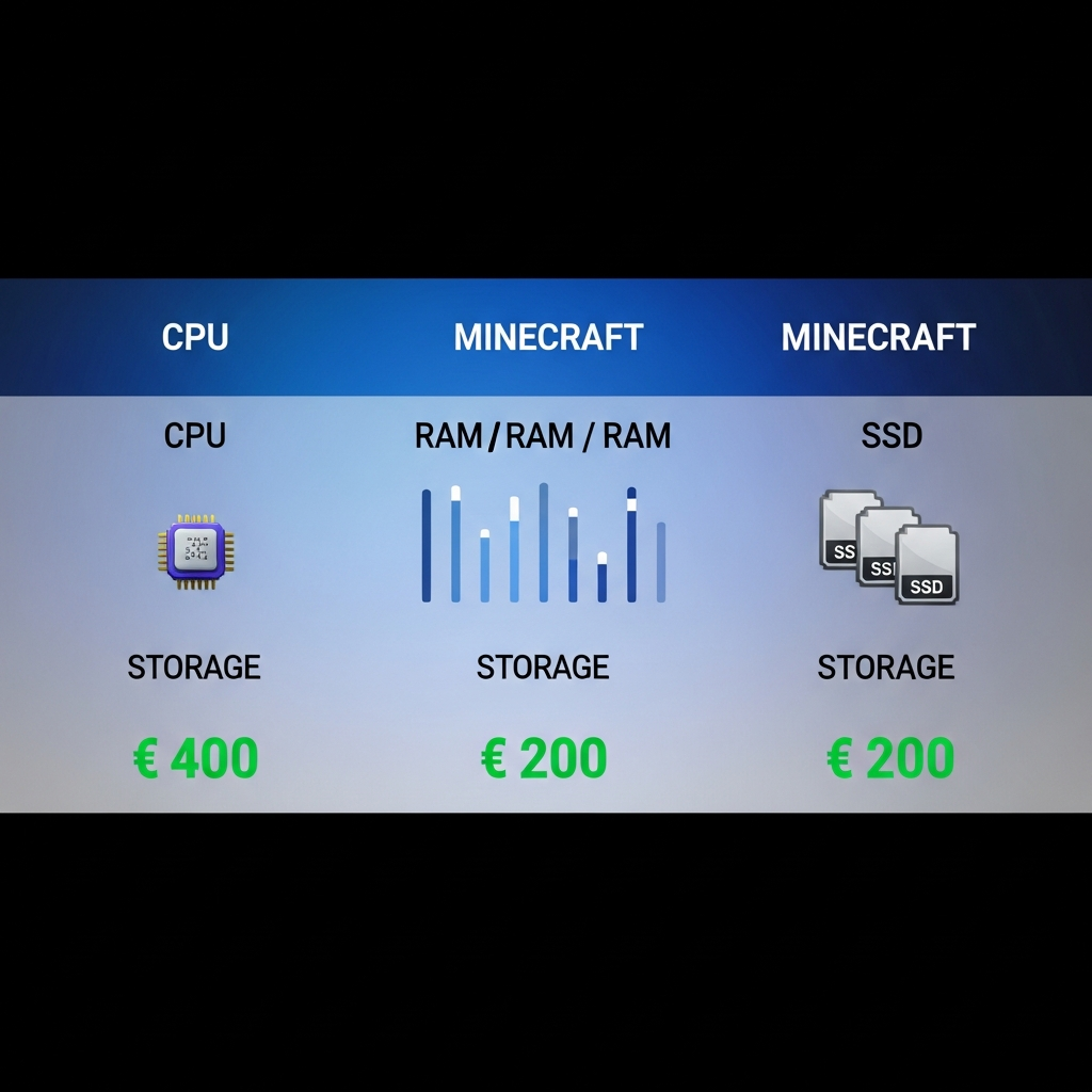 Tabla comparativa fotorrealista en diseño moderno con tres columnas mostrando especificaciones técnicas de servidores Minecraft: CPU (con iconos de chips), RAM (barras de memoria), almacenamiento (discos SSD), precio en euros destacado en verde, fondo degradado azul oscuro a negro