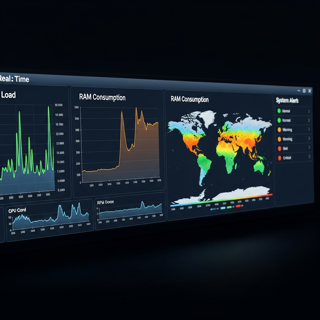 Tableau de bord de monitoring affichant des graphiques en temps réel de charge CPU multi-cœurs, consommation RAM évolutive, latence réseau par région géographique et alertes système avec code couleur vert-orange-rouge sur fond sombre