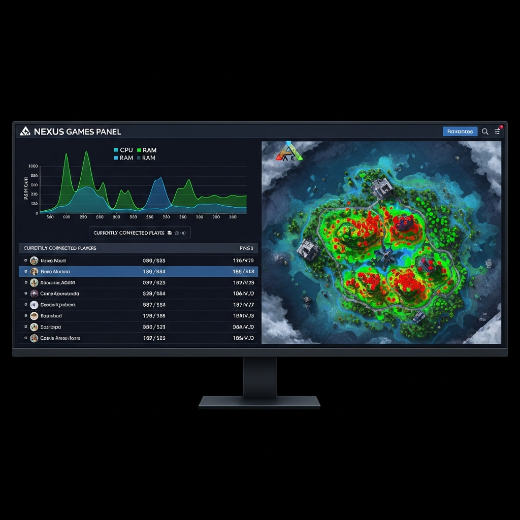 Tableau de bord de monitoring en temps réel du Panel Nexus Games pour ARK Survival Ascended, affichant courbes CPU et RAM sur 24h, liste des joueurs connectés avec ping, carte du monde avec densité de structures, thème sombre professionnel avec accents verts et bleus