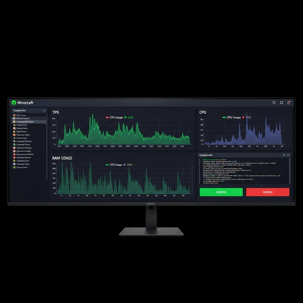 Tableau de bord de monitoring serveur Minecraft affichant graphiques en temps réel de TPS, utilisation CPU et RAM, liste des joueurs connectés, log de console avec lignes de code et boutons de contrôle vert/rouge, design moderne avec thème sombre