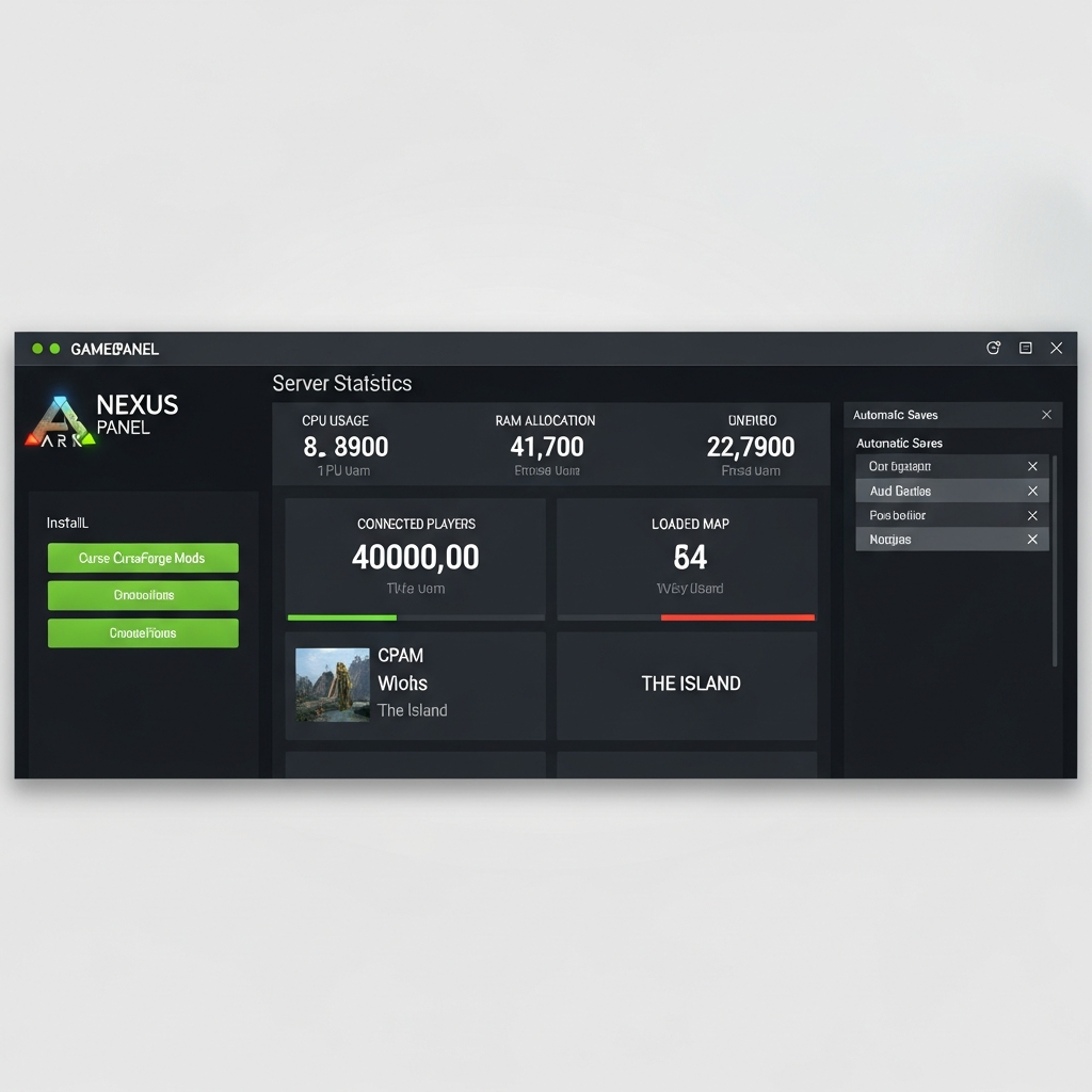 Tableau de bord photoréaliste du Panel Nexus Games affichant les statistiques en temps réel d'un serveur ARK (CPU, RAM, joueurs connectés, map chargée), avec boutons d'installation de mods CurseForge et menu de sauvegarde automatique, interface moderne dark mode