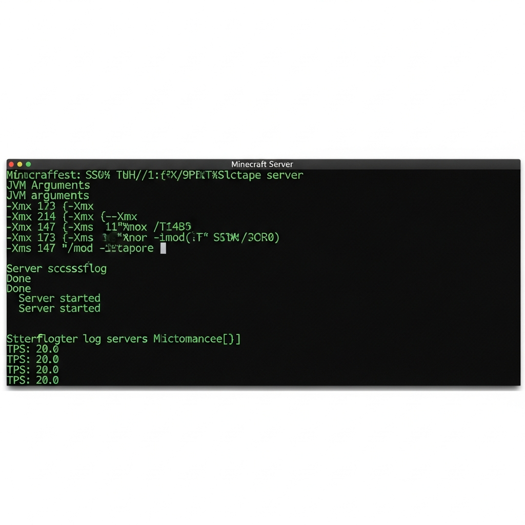 Terminal SSH affichant les arguments JVM d'un serveur Minecraft moddé, avec des lignes de log indiquant un démarrage réussi et des métriques TPS à 20.0, sur fond noir avec texte vert phosphorescent