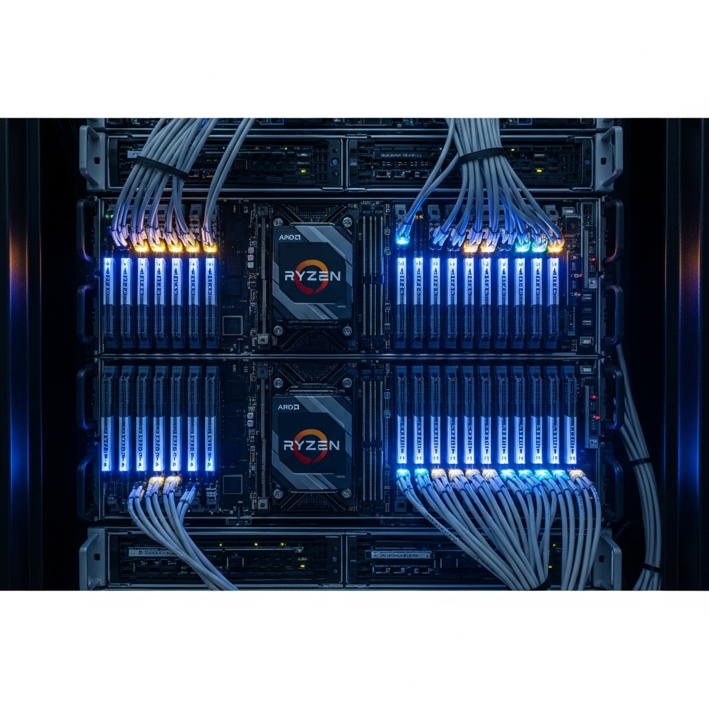 Ultra-modern data center server rack with AMD Ryzen processors glowing in blue LED light, rows of DDR5 RAM modules visible, NVMe SSD drives mounted, clean cable management, professional server environment, photorealistic 8K detail