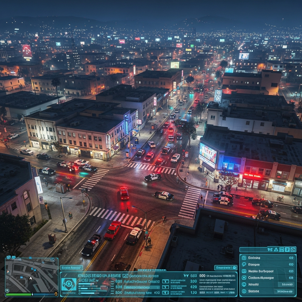 Ville GTA V Los Santos vue aérienne nocturne, serveur FiveM roleplay animé avec 200+ joueurs, véhicules de police en intervention lumières gyrophares, boutiques éclairées, interface HUD immersive visible, qualité graphique ultra photoréaliste 4K