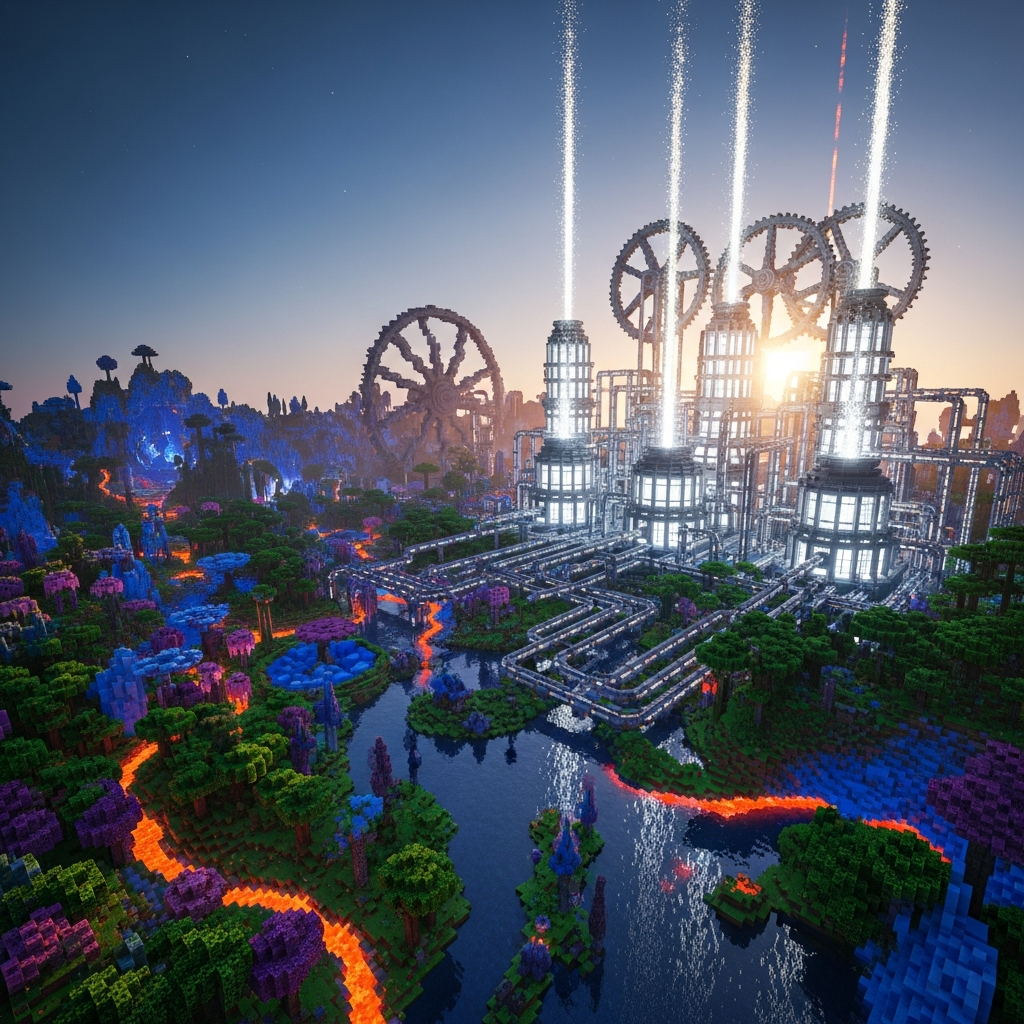 Vista aérea de un mundo Minecraft modded espectacular con estructuras tecnológicas avanzadas, tuberías industriales, reactores de energía generando partículas luminosas, biomas personalizados con vegetación exótica, iluminación volumétrica realista, estilo fotorrealista con shaders activados