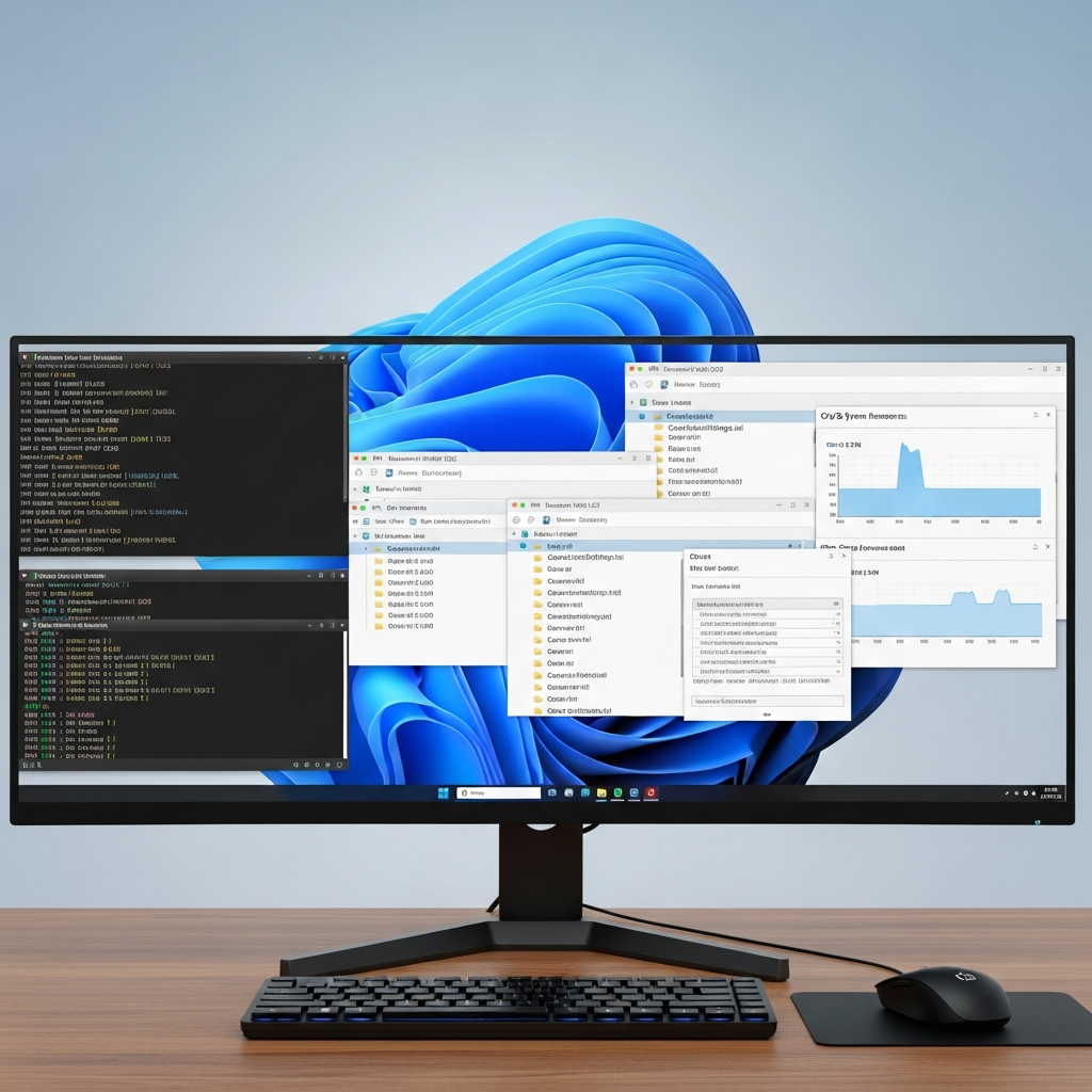 Vista de un escritorio de Windows Server 2022 con ventanas de consola mostrando logs de inicio de servidor ARK, carpetas de archivos de configuración abiertas y monitor de recursos del sistema indicando uso de CPU y RAM en tiempo real