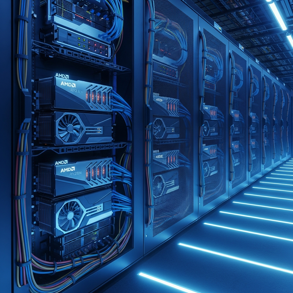 Vista en perspectiva de un rack de servidores datacenter con luces LED azules, cables de red organizados, procesadores AMD Ryzen visibles con disipadores de calor masivos, ambiente tecnológico futurista, iluminación dramática, calidad fotorrealista