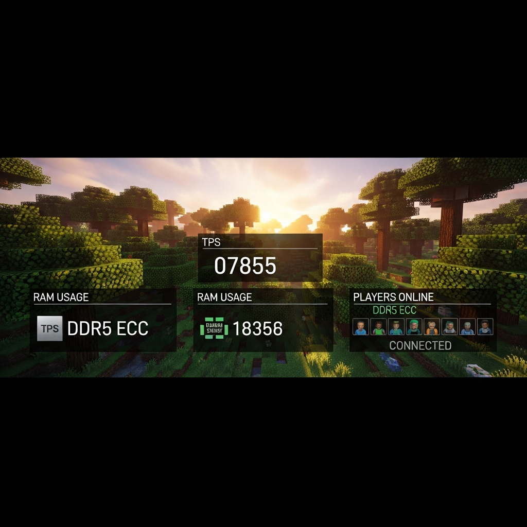 Vista fotorrealista de un servidor Minecraft en ejecución mostrando un mundo de supervivencia con plugins activos, HUD con estadísticas de TPS, uso de RAM DDR5 ECC y jugadores conectados, ambiente de bosque al atardecer con interfaz del juego visible