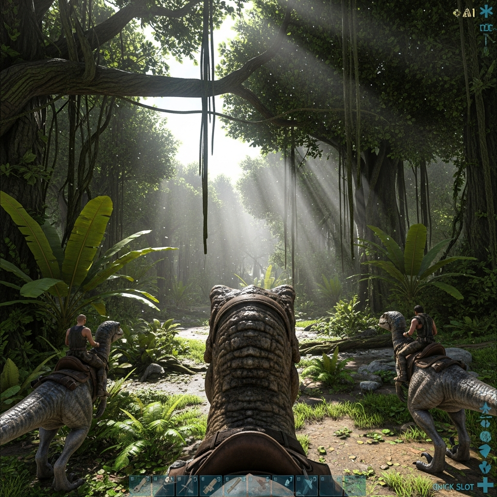 Vista fotorrealista en primera persona dentro del juego ARK mostrando a un jugador montando un T-Rex junto a otros dos jugadores en raptors explorando un bosque tropical denso, con la interfaz HUD visible mostrando estadísticas de hambre, vida y stamina, iluminación volumétrica realista y vegetación detallada