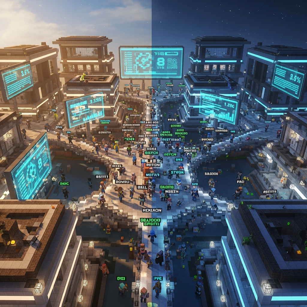 Vue de dessus d'un serveur Minecraft multijoueur actif avec spawn moderne futuriste, joueurs connectés avec noms colorés au-dessus de leur tête, panneaux d'affichage holographiques montrant statistiques serveur, architecture détaillée, éclairage dynamique jour-nuit, ambiance communautaire vivante