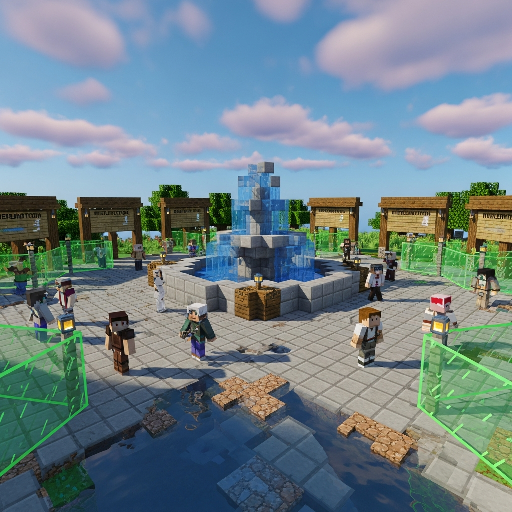 Vue en jeu photoréaliste d'un spawn de serveur Minecraft communautaire protégé, grande place pavée avec fontaine centrale, panneaux d'information en chêne, joueurs avec skins variés, zones délimitées par des barrières translucides vertes symbolisant les claims GriefPrevention, ciel ensoleillé, rendu shaders haute qualité avec reflets d'eau et ombres dynamiques