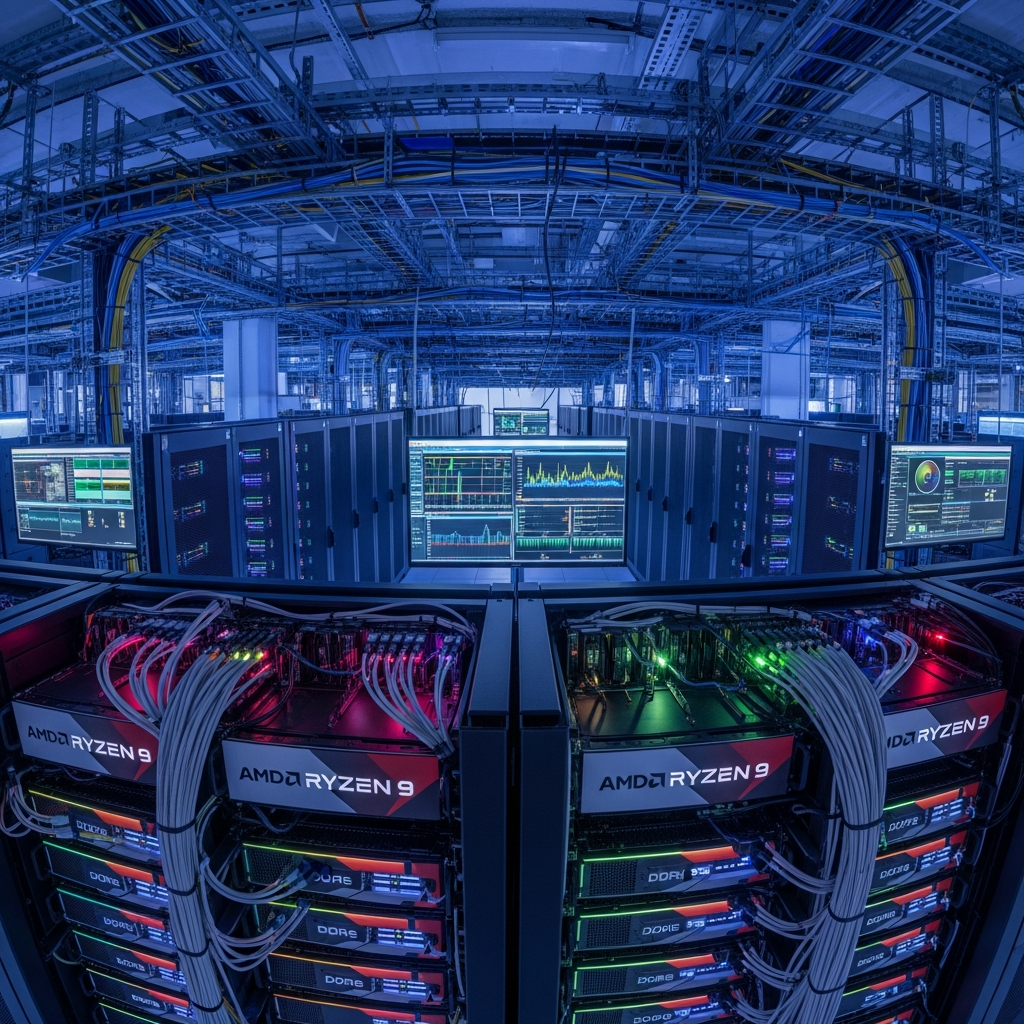 Vue immersive d'un datacenter moderne montrant des racks de serveurs équipés de processeurs AMD Ryzen 9 et de barrettes RAM DDR5 éclairées en RGB, câblage réseau structuré et écrans de monitoring affichant des graphiques de performances en temps réel