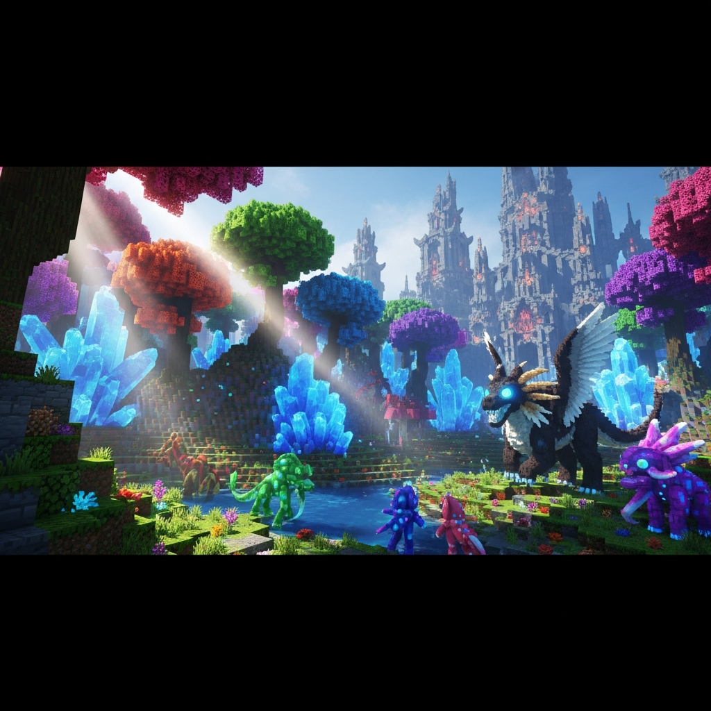Vue immersive d'un monde Minecraft moddé avec biomes fantastiques colorés générés par Terralith et Biomes O'Plenty, structures massives YUNG's Better Dungeons en arrière-plan, créatures Alex's Mobs au premier plan, éclairage shader Complementary réaliste avec rayons de soleil traversant la canopée