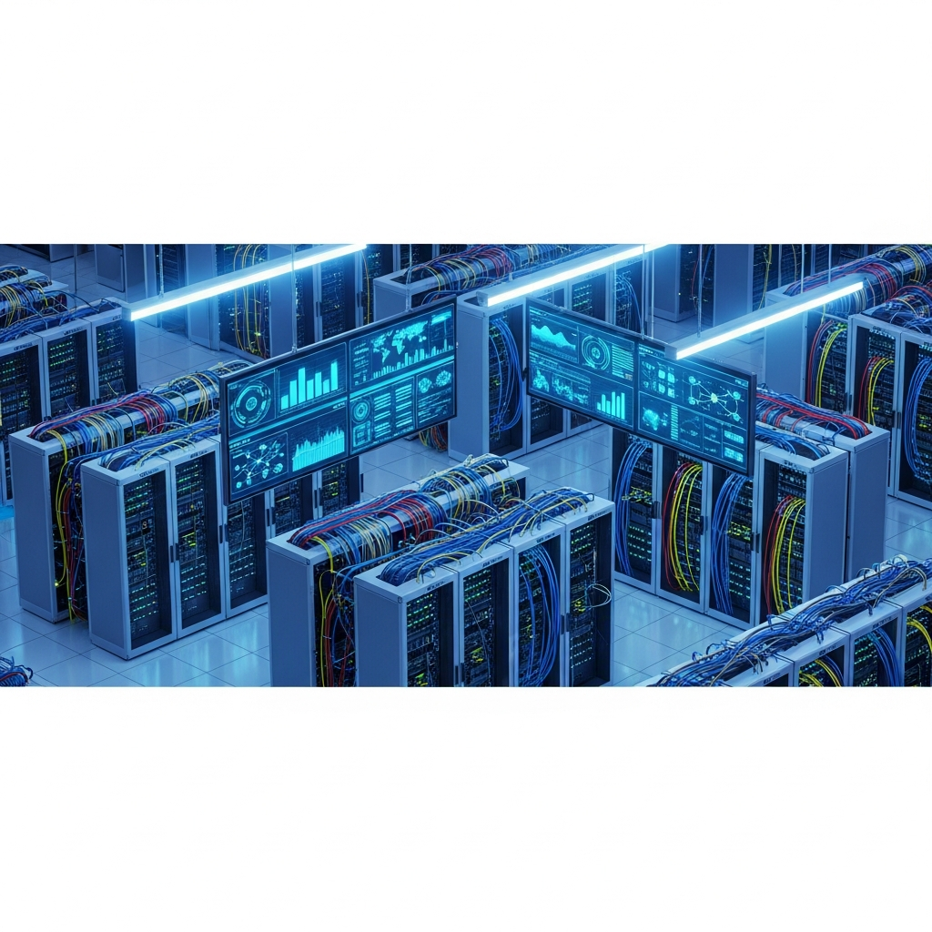 Vue isométrique photoréaliste d'un datacenter moderne avec rangées de serveurs rack, éclairage LED bleu, câbles réseau structurés, écrans affichant des métriques en temps réel, ambiance high-tech professionnelle et salle climatisée