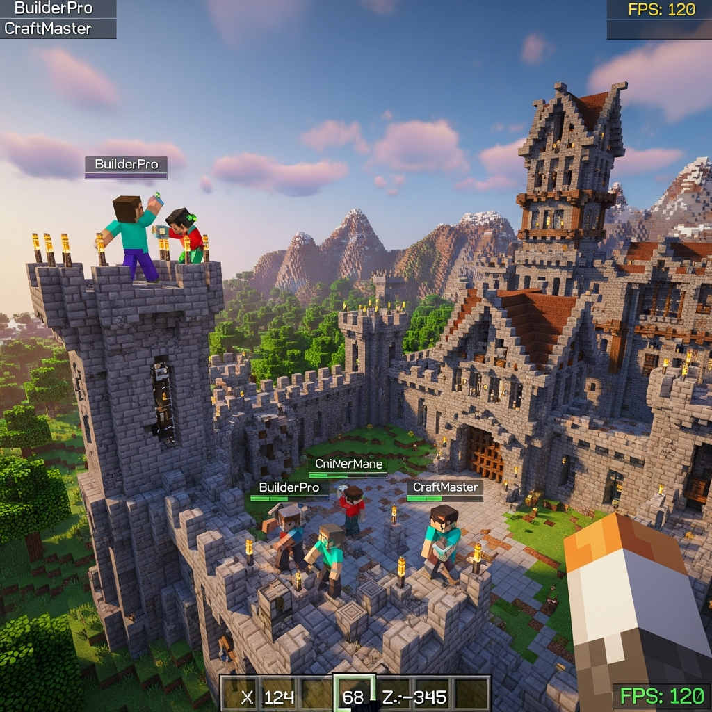 Vue photoréaliste d'un monde Minecraft multijoueur en activité, avec 5-6 joueurs construisant ensemble un château médiéval imposant, chunks chargés au loin sous un ciel crépusculaire, interface HUD visible montrant les pseudos des joueurs, coordonnées et FPS élevé, rendu shaders haute qualité